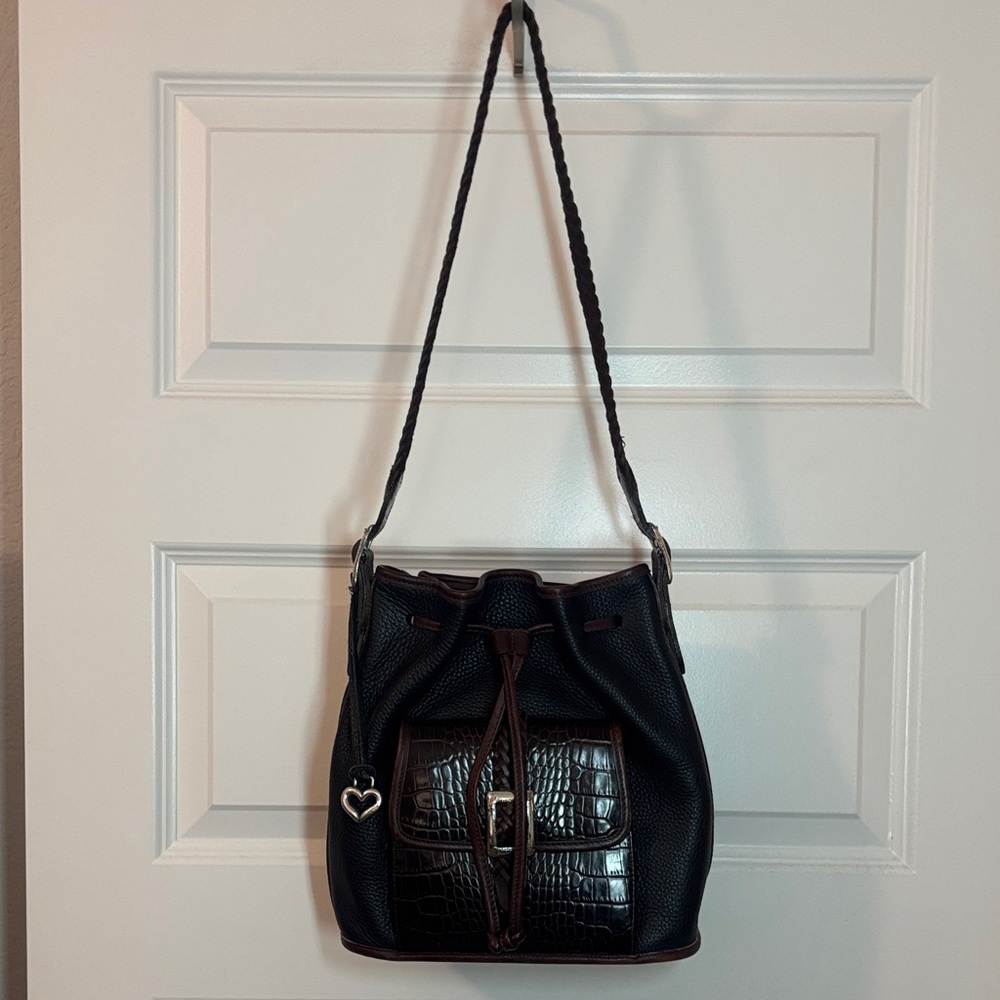 VTG Brighton Black & Brown silver Bucket Bag Crocodile print pebbled leather 90s - Picture 3 of 15